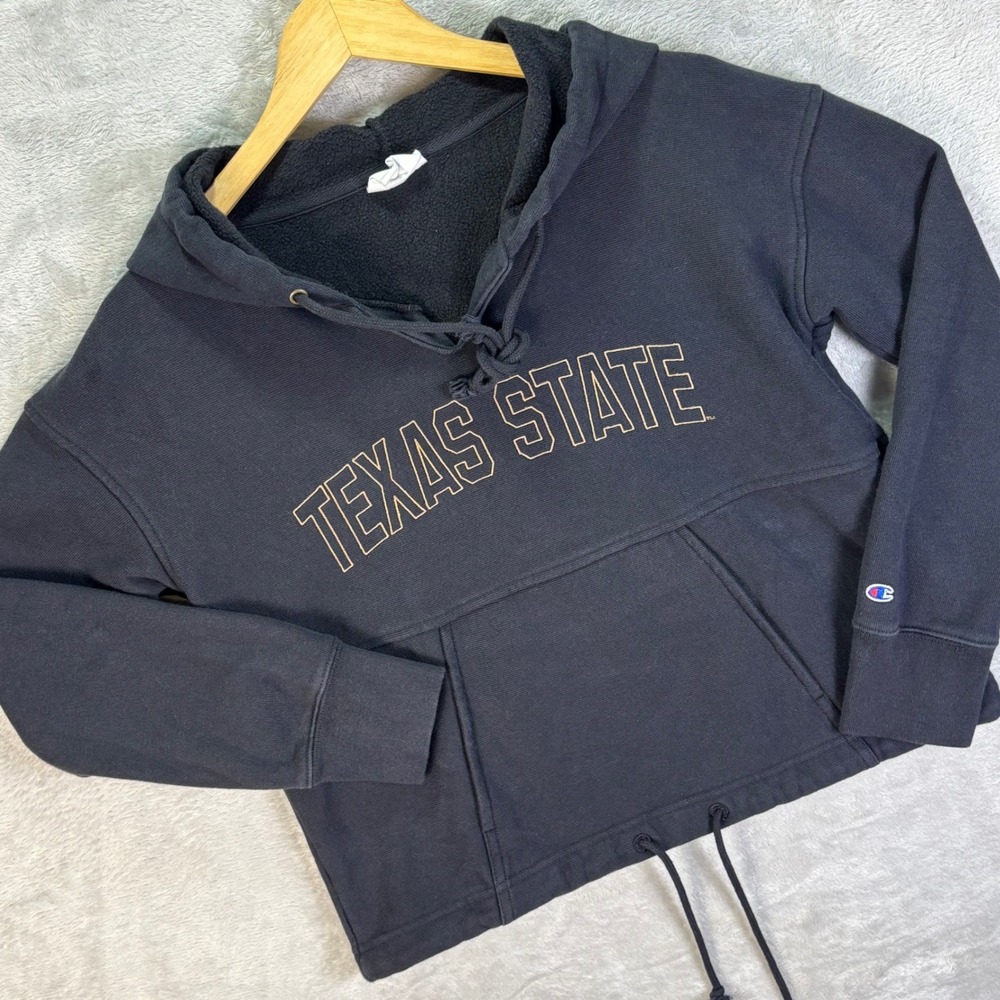 Texas State‎ Champion Women's Hoodie Black Reverse Weave Pullover Cropped Sz XS
